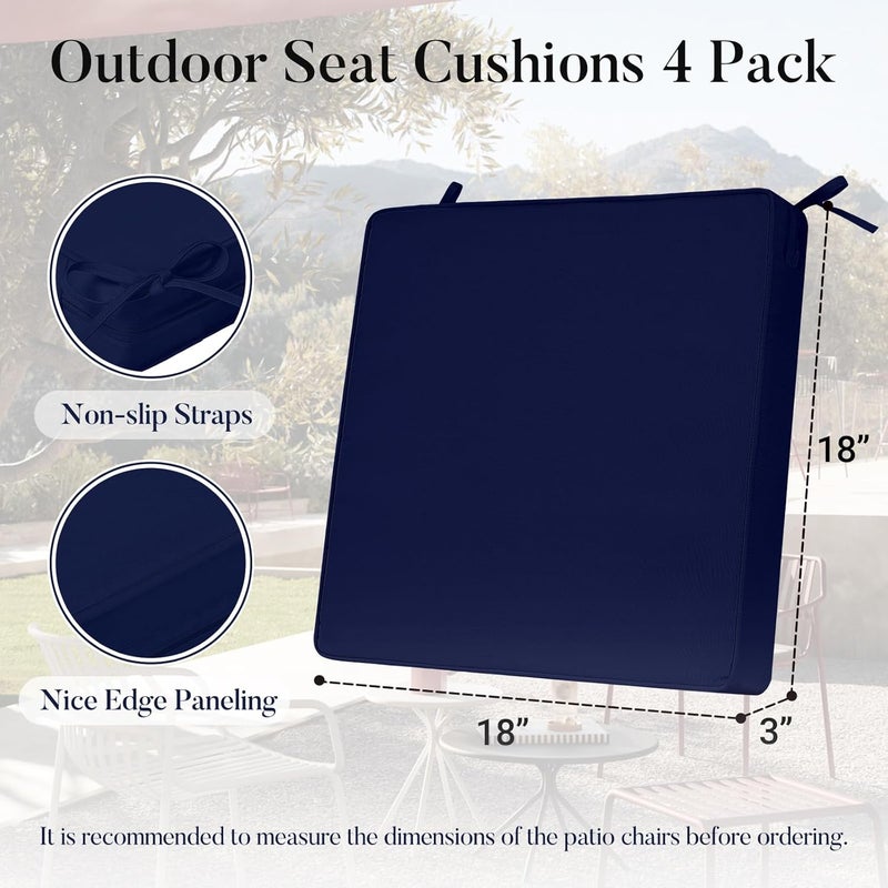 Basic Beyond Outdoor Chair Cushions for Patio Furniture, Waterproof Outdoor Seat Cushions Set of 4 18 x 18, Patio Chair Cushions Set of 4 with Ties and Handle, Navy - Image 5
